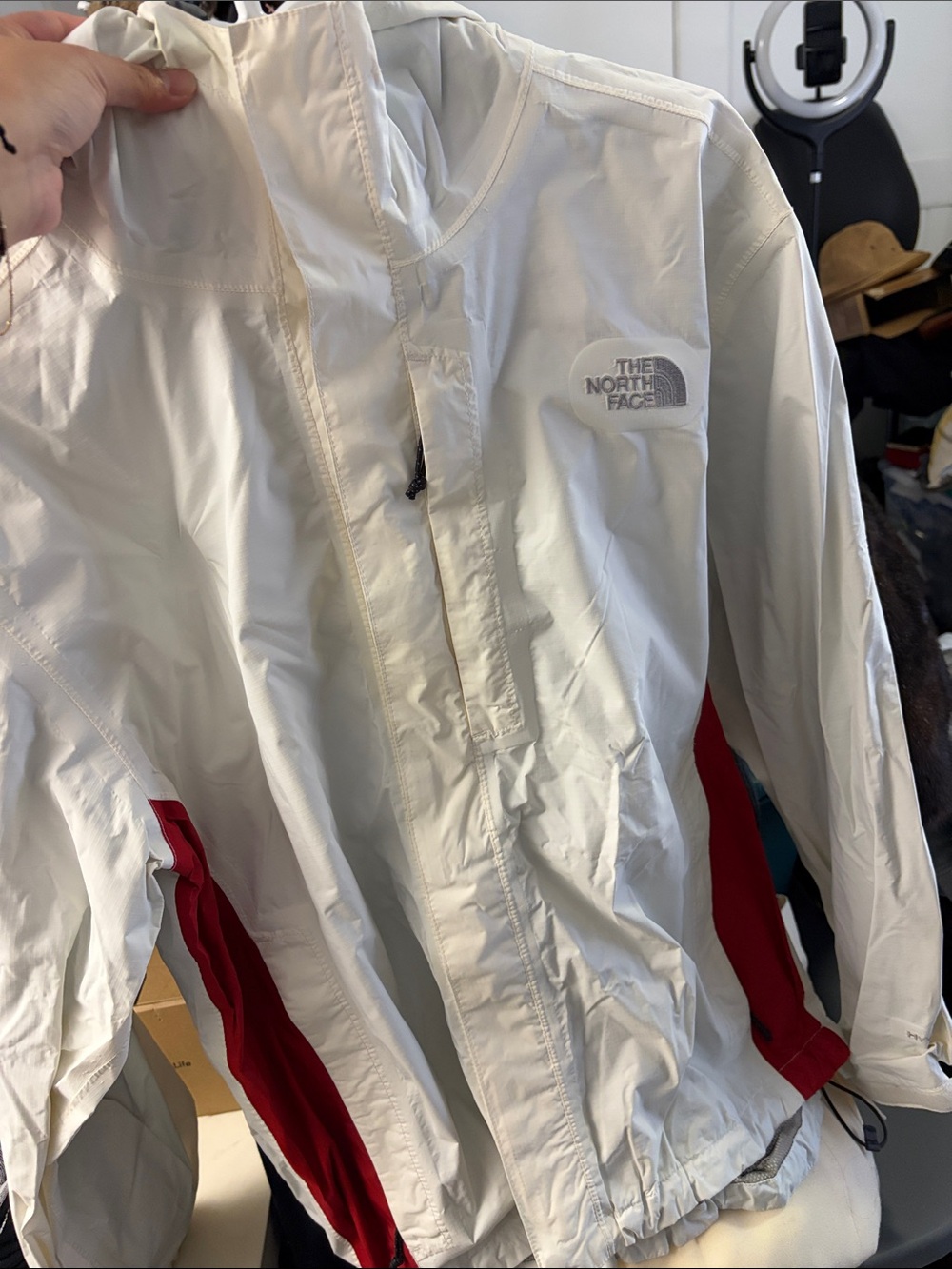 The North Face Men’s White Hooded Raincoat with Red Side Panels